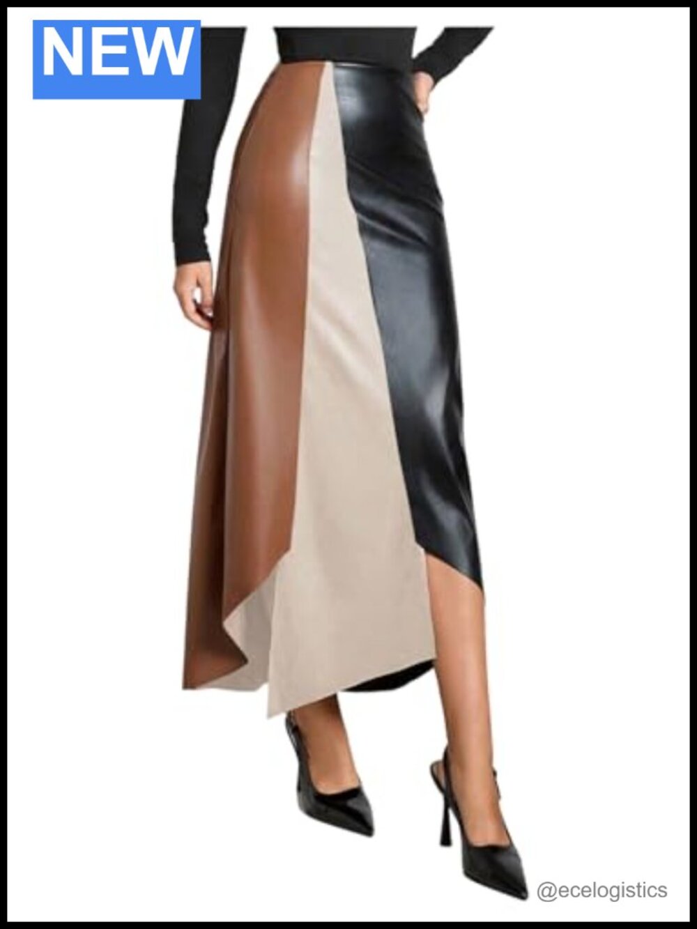 Faux Leather Color Block High Waisted Asymmetrical Long Skirt
